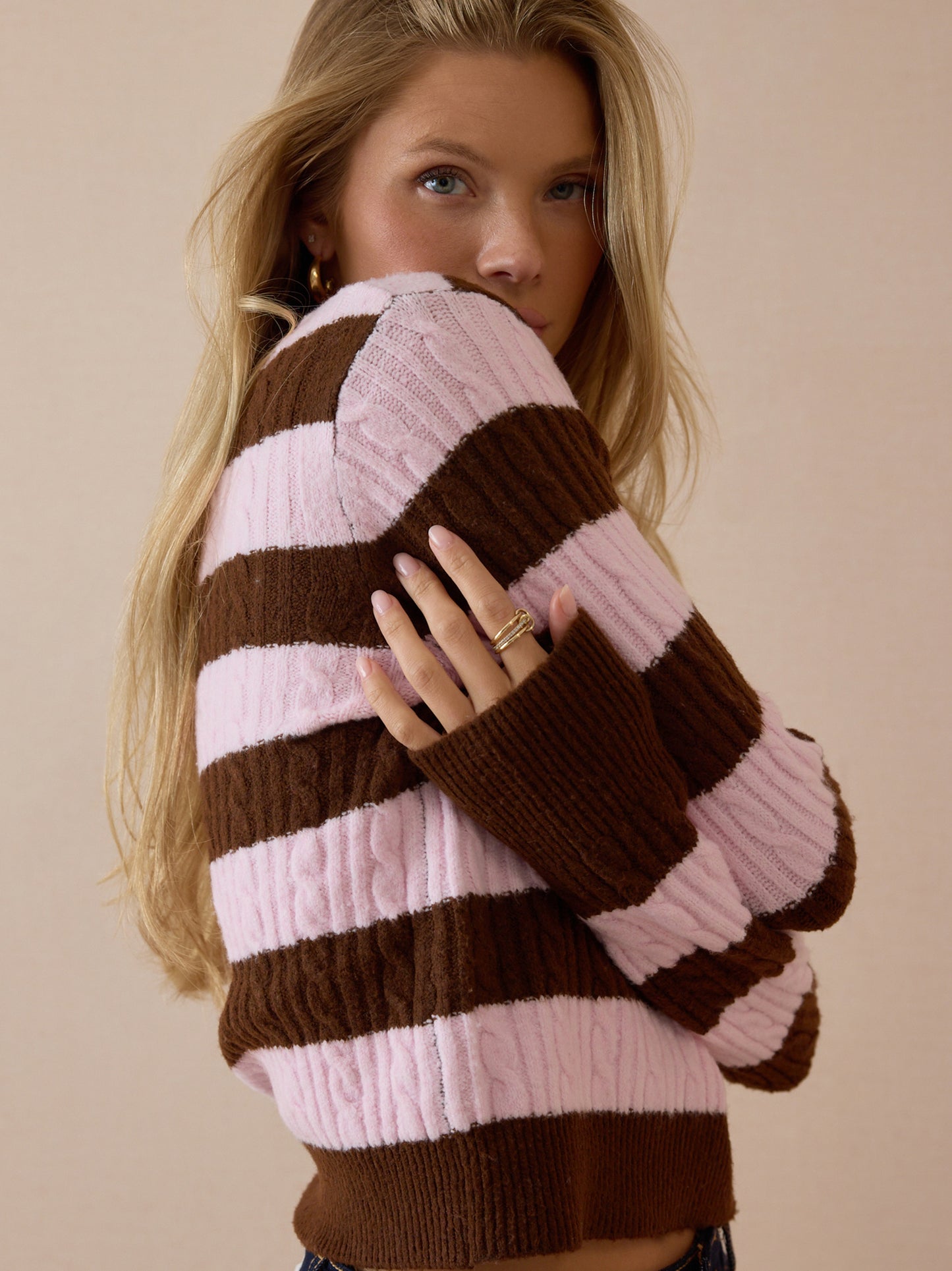 Talia Striped Cable Knit V-Neck Sweater