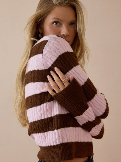 Talia Striped Cable Knit V-Neck Sweater