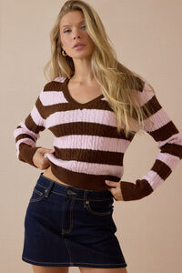 Talia Striped Cable Knit V-Neck Sweater