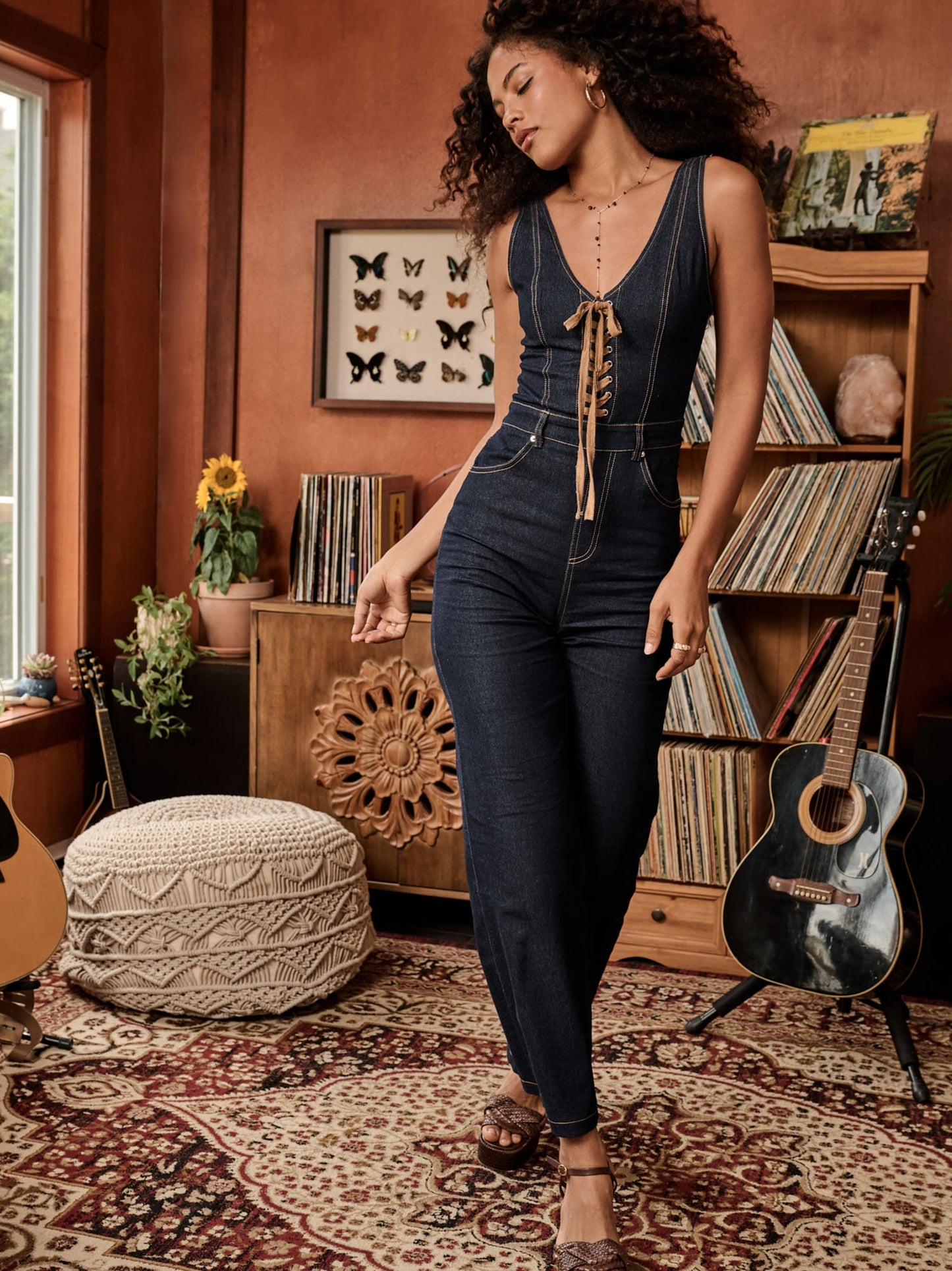 Jana Lace-Up Denim Jumpsuit