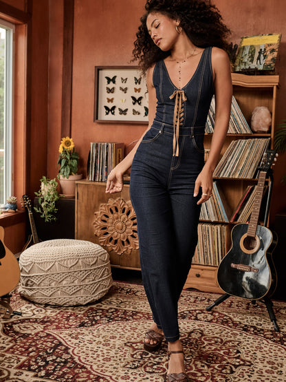 Jana Lace-Up Denim Jumpsuit